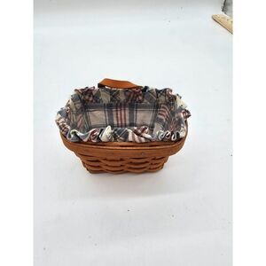 Handwoven Longaberger Basket With Plaid Fabric Liner & Wooden Handle